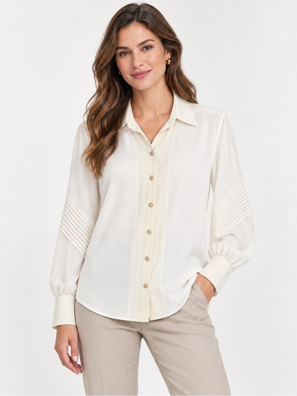 Tommy Hilfiger Cream Button-Front Pleated Sleeve Blouse
